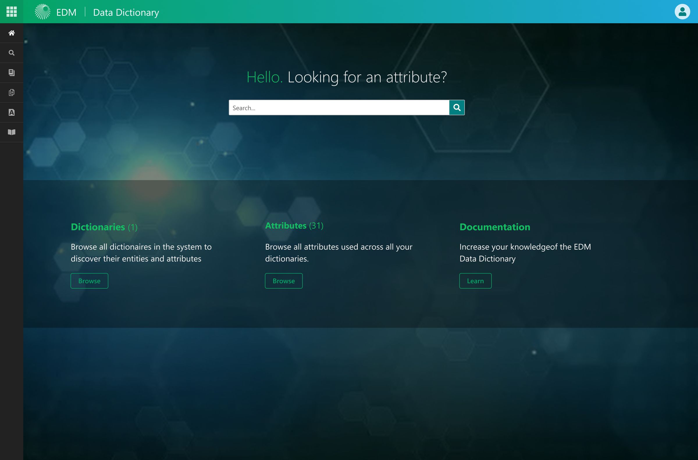 EDM UI homepage with a search bar for finding attributes, and browse cards for Dictionaries, Attributes, and Documentation, set against a dark teal hexagon-patterned background.
