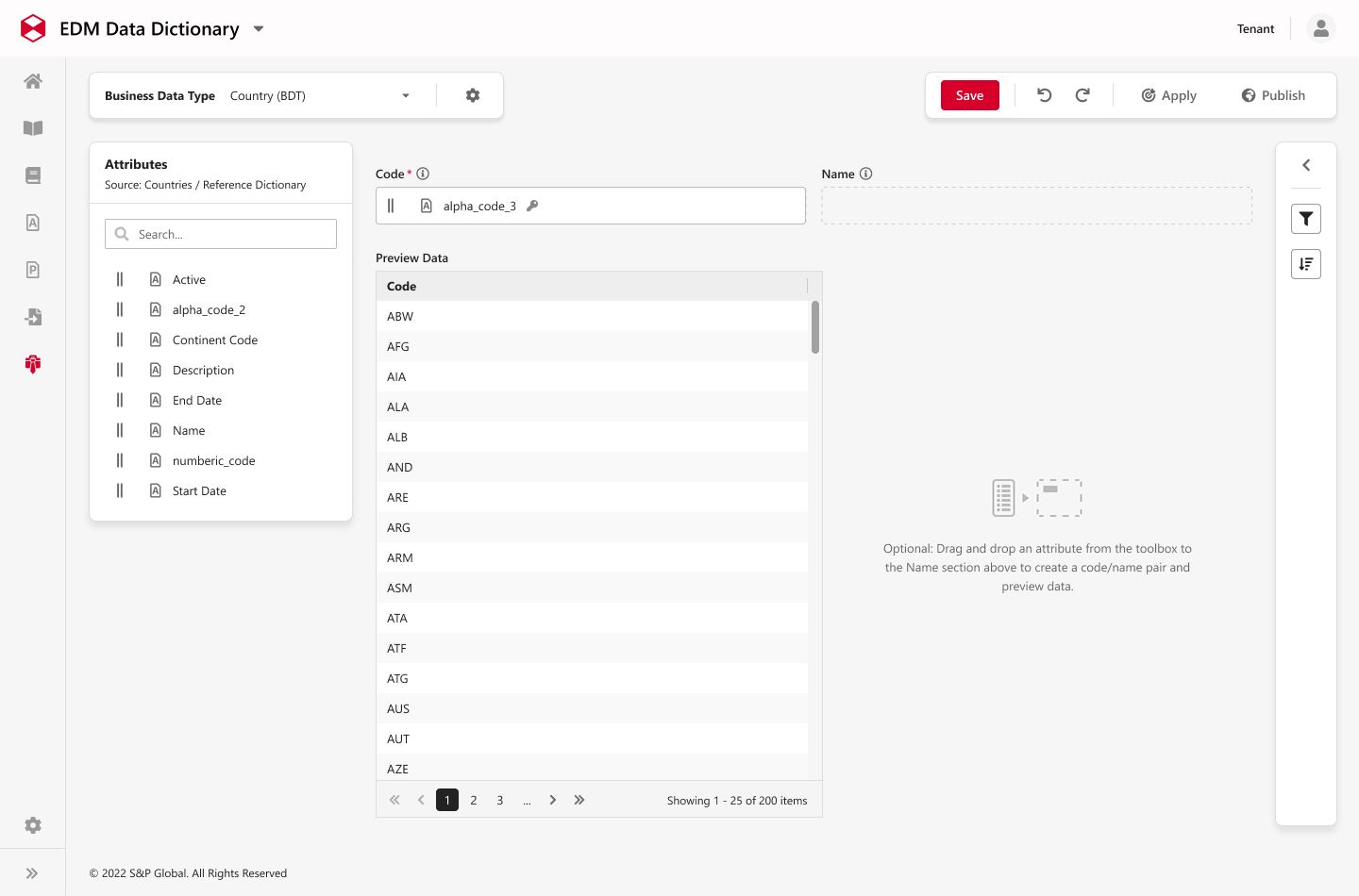 Solutions UI attribute-mapping canvas with a draggable attribute list on the left, a code/name configuration panel, and a bright red primary 'Save' button in the top toolbar.