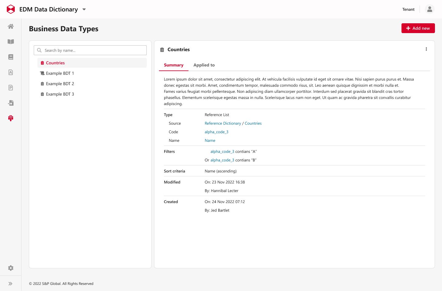 Solutions UI Business Data Types screen in the rebranded, monochromatic style, showing a list of data types alongside a detail panel with type, filters, and modification history.