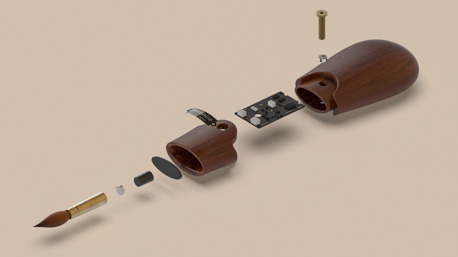 An exploded render showing the internal components of the brush handle, including its stabilising counterweight parts.