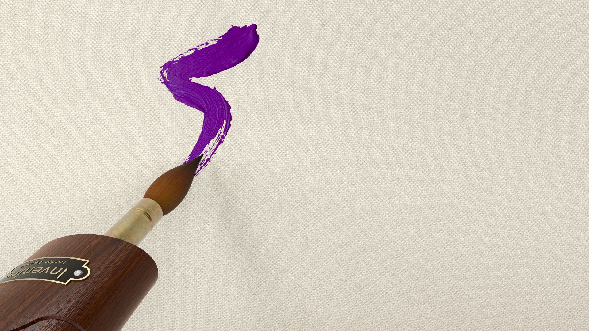 Close-up of the finished brush handle painting a purple stroke on paper, showing the branded logo on the barrel.