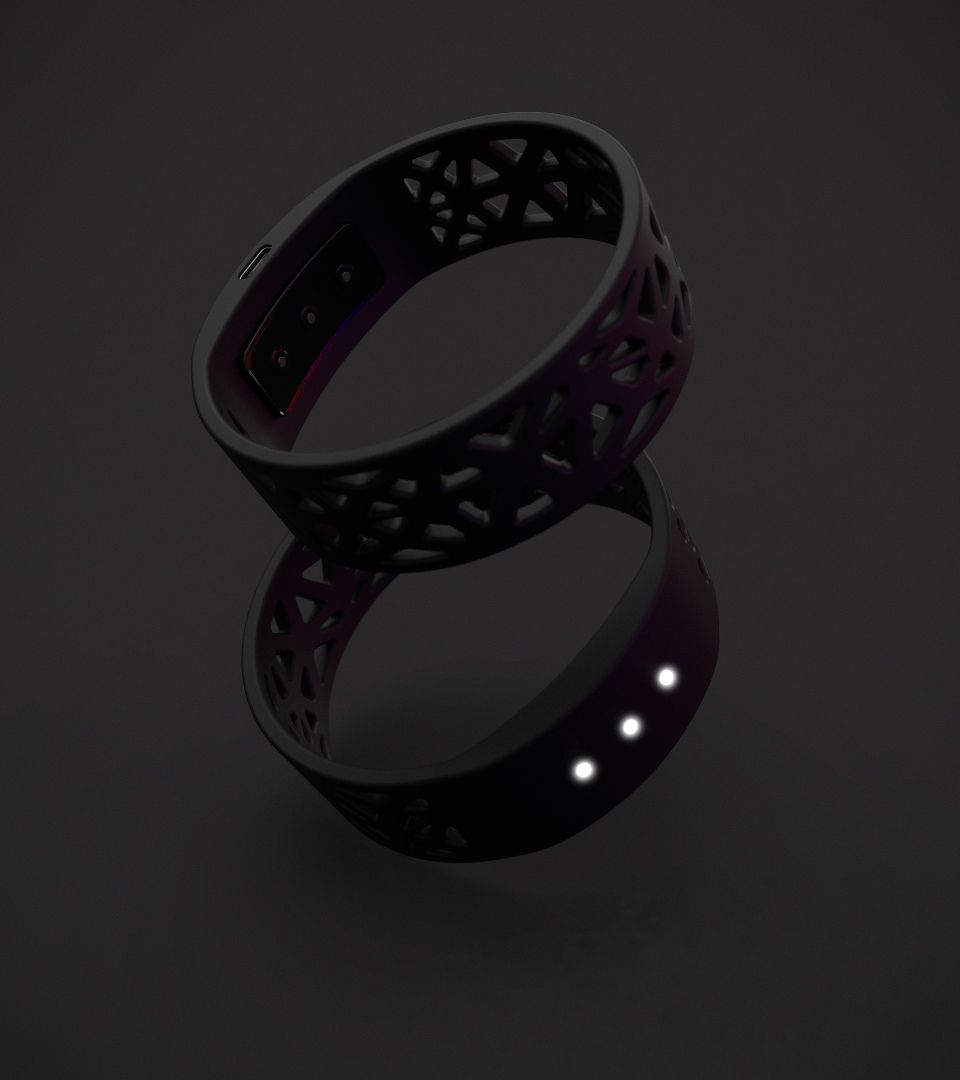 Close-up render of the two lattice-textured tracking rings stacked together, showing small white tracking LEDs along the band.