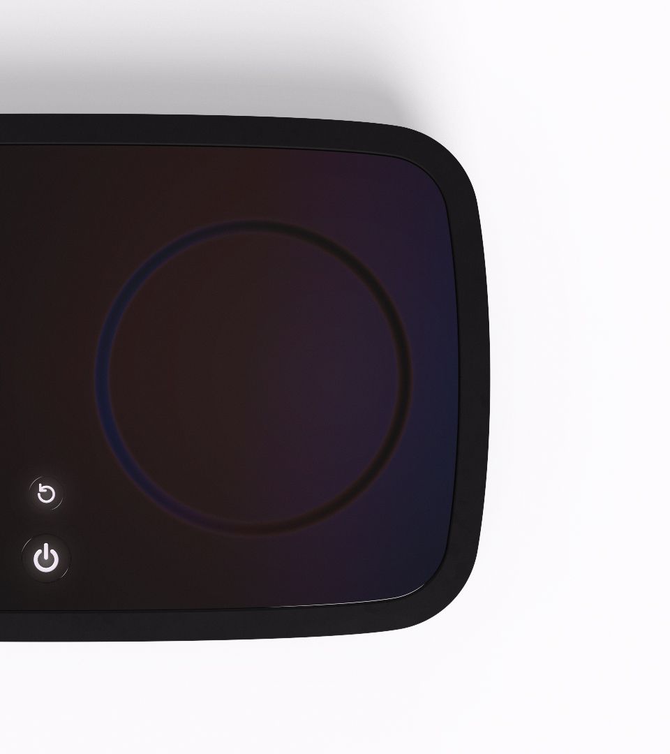 Close-up of the charging case's rounded corner, showing power and reset icons on its surface.