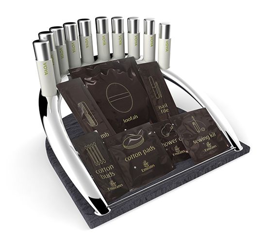 Concept render of a beauty products display for a first class bathroom.